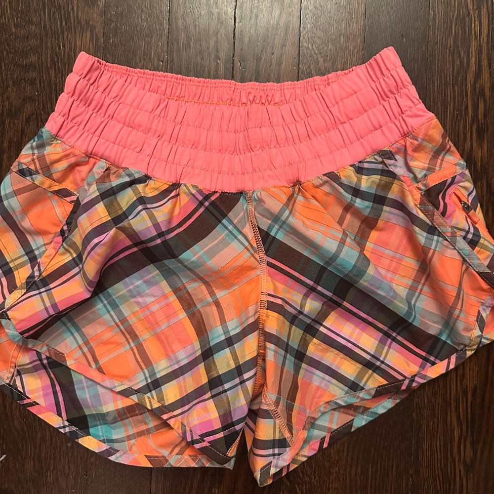 Women’s Plaid Athletic Shorts with Coral Waistband